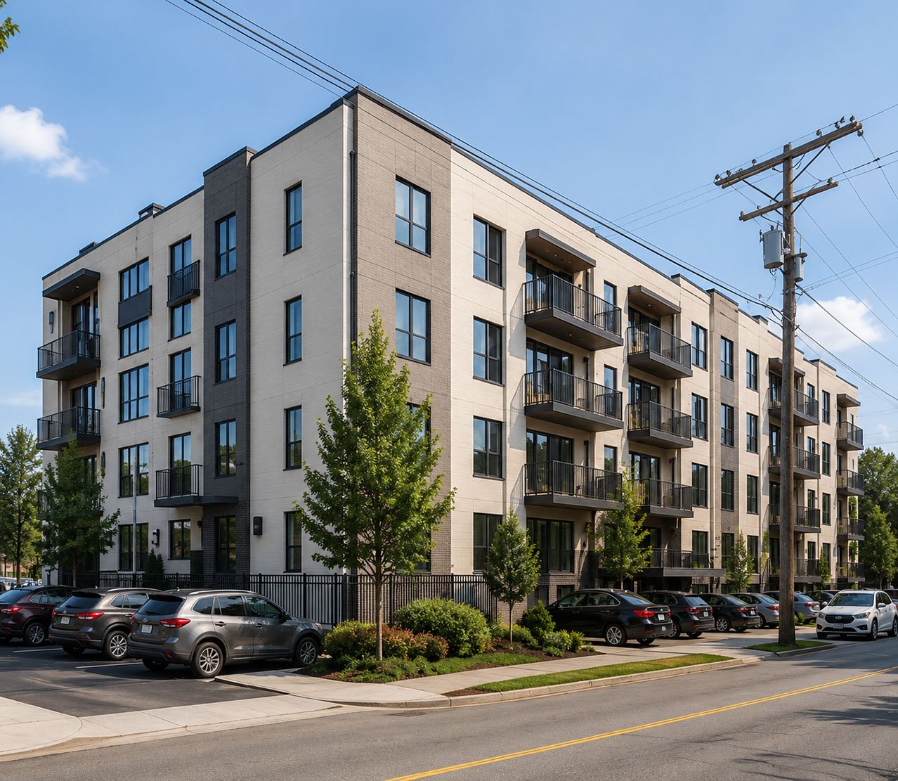Modern multi-story apartment building with black balconies, parking lot with cars, and trees along the sidewalk on a sunny day