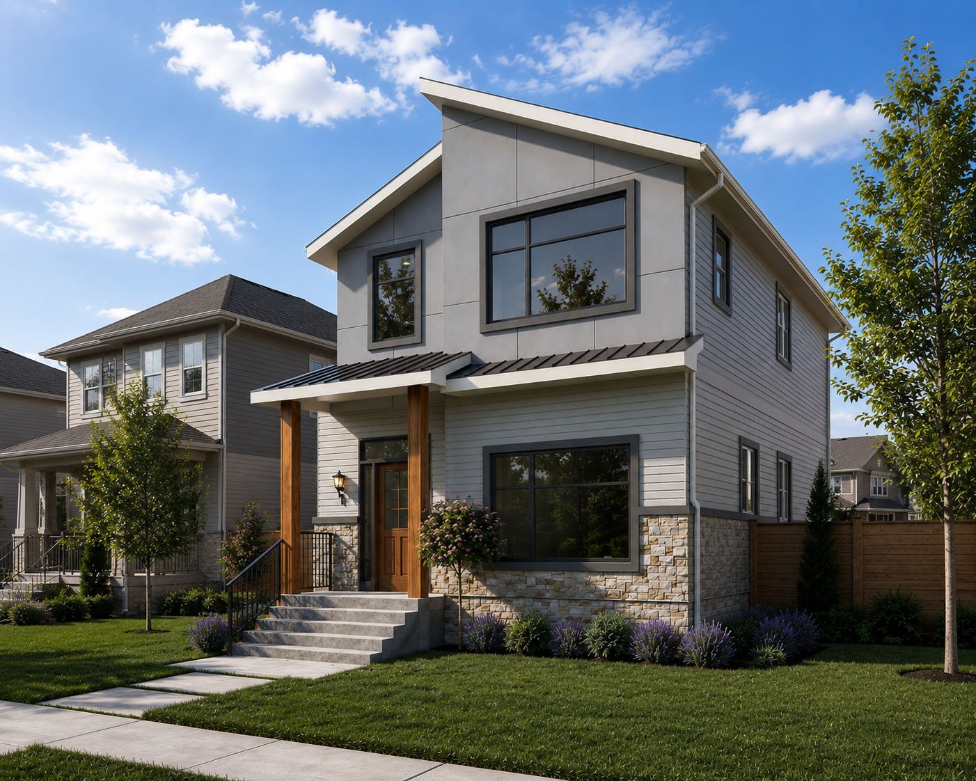 A modern two-story house with a landscaped front yard, stone and siding exterior, large windows, and a wooden front door, surrounded by trees and neighboring houses.