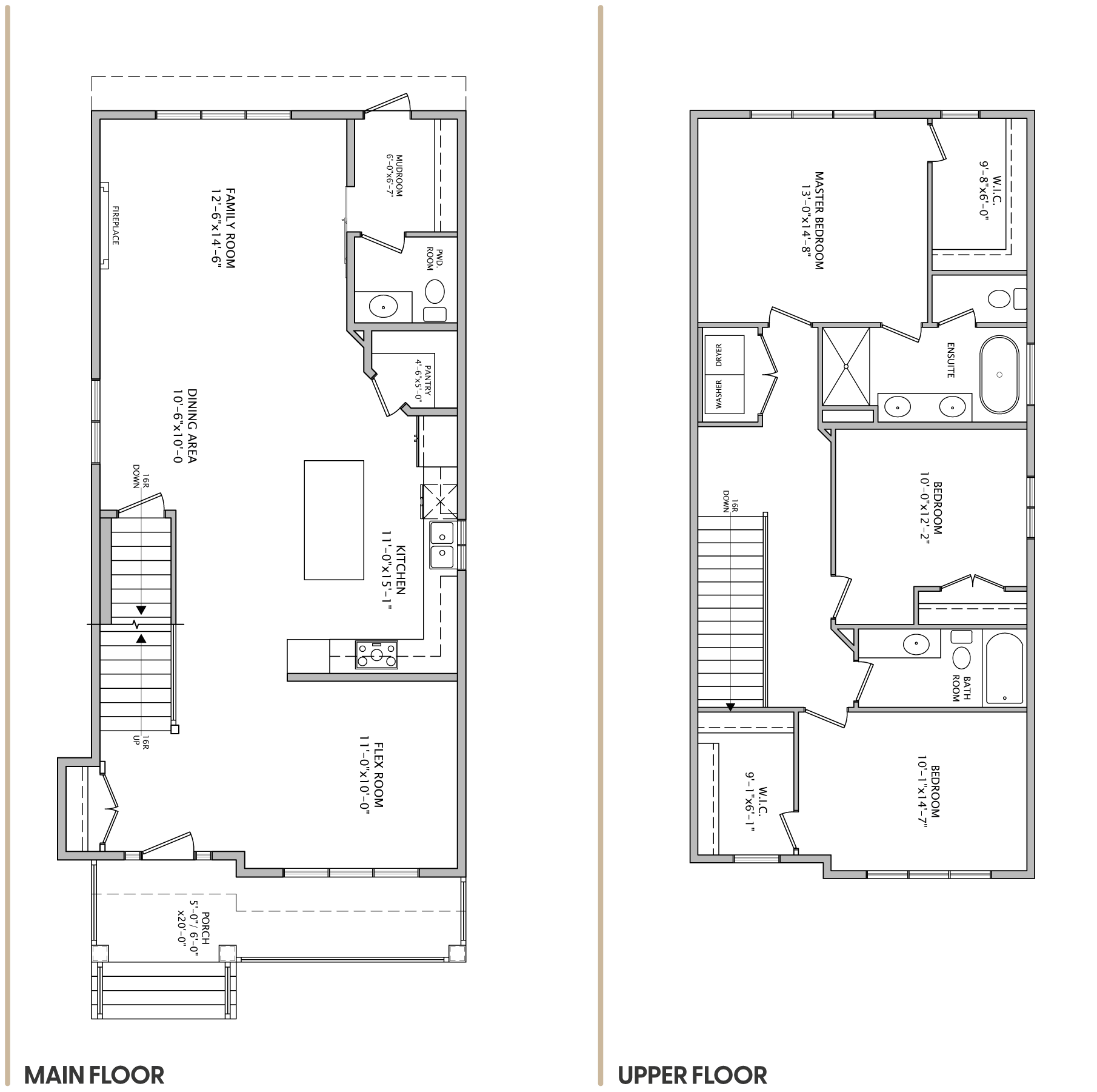 Floor plan diagram showing the main and upper floors of a building with labeled rooms and structural details.