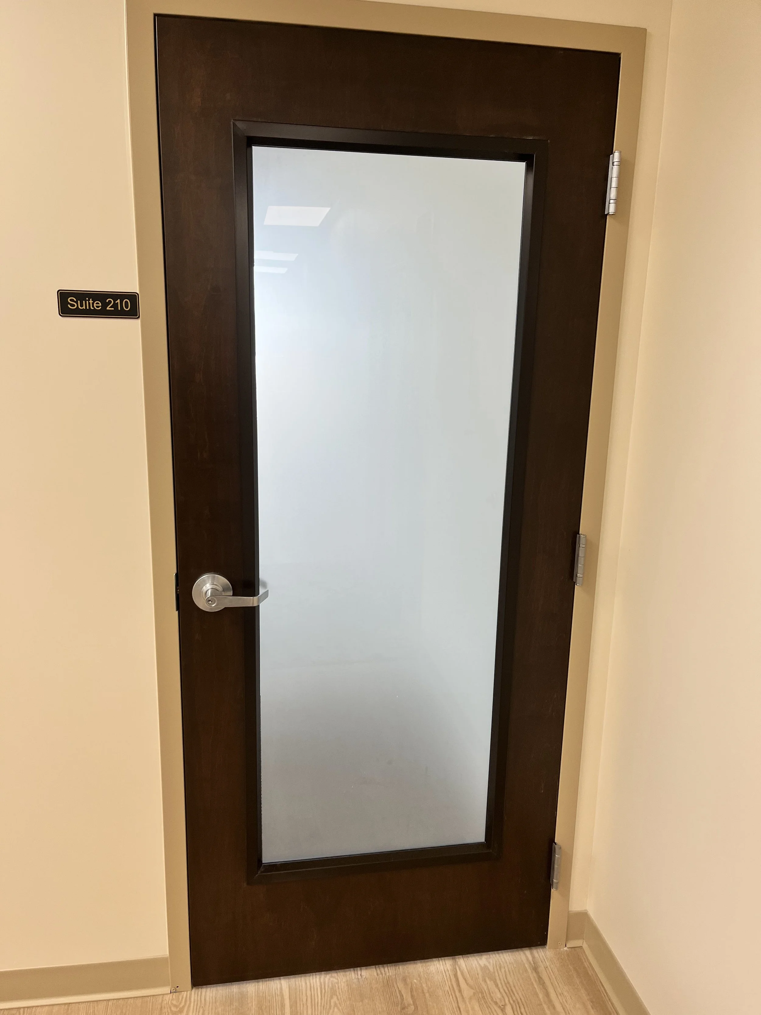 A door with a frosted glass panel and a silver handle, located in a beige-walled hallway. A small black sign with white text reading 'Suite 210' is on the wall to the left of the door.