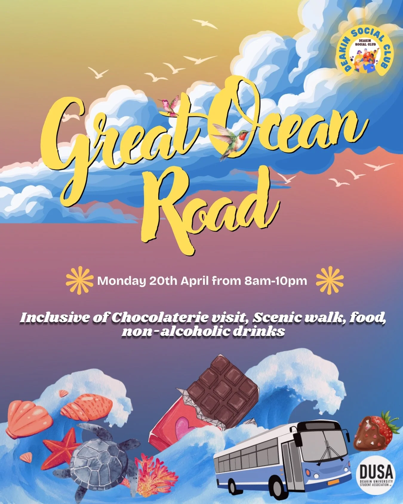 The Great Ocean Road day trip is HERE 🌊✨

Jump on the bus for a full day of coastal views, a Chocolaterie visit, scenic walks, and good food with even better people 🚌🍫
Everything&rsquo;s sorted - transport, food, and non alcoholic drinks included 