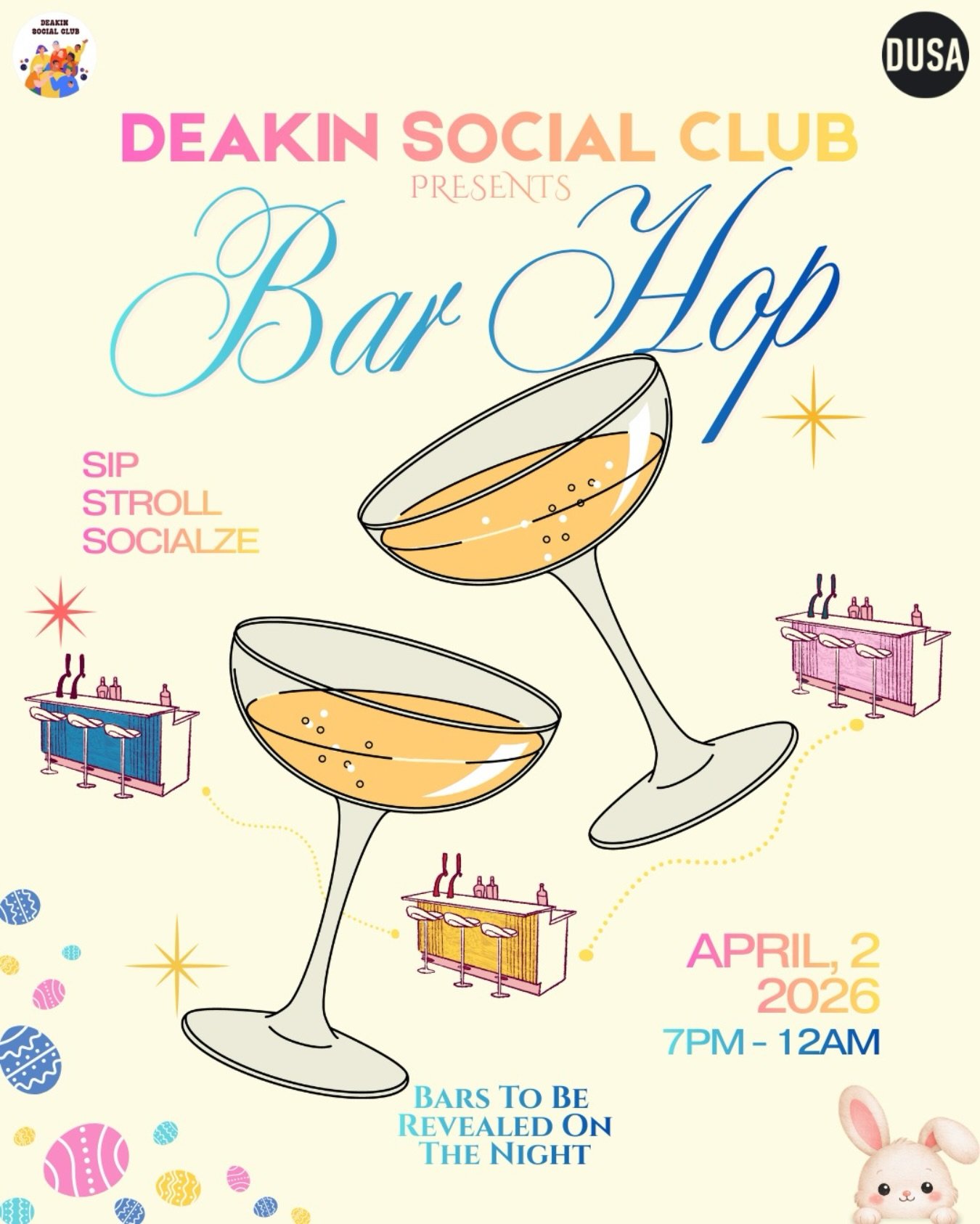 DEAKIN SOCIAL CLUB PRESENTS: BAR HOP ON CHAPEL ST🍸✨

An Easter-themed night of sipping, strolling, and socialising 🐣🥂
Celebrate the long weekend with great drinks, good company, and the best vibes 🐰🍹

📅 April 2, 2026
⏰ 7PM &ndash; 12AM
📍 Bars 