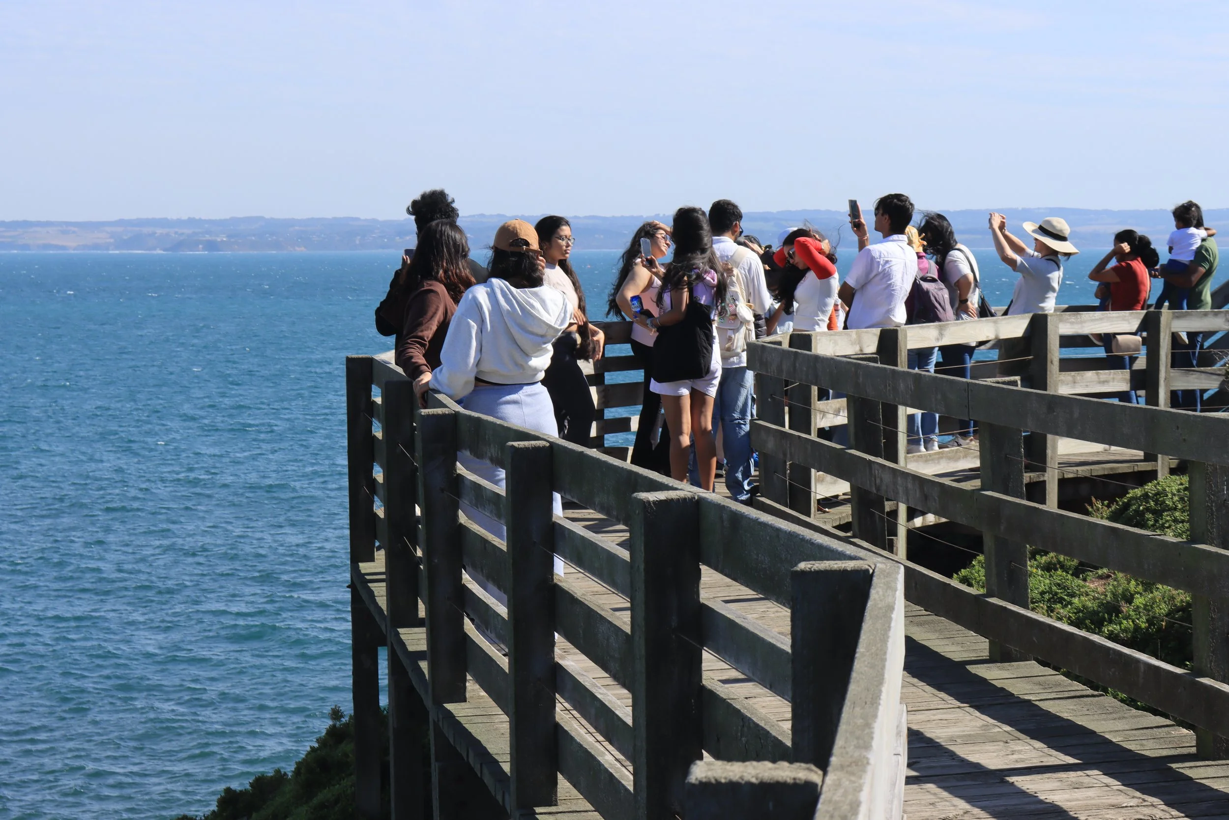 Club members stand on a wooden pier by the ocean during a daytrip,  some taking photos, with a distant shoreline and blue sky.
