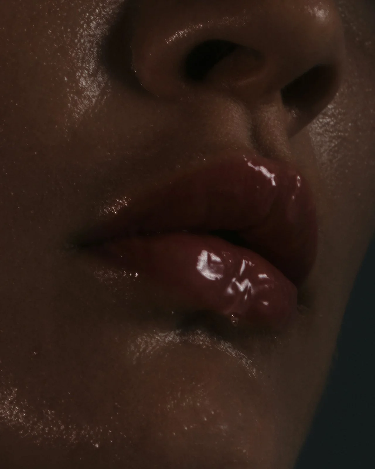 A close up image of dewy skin and glossed lips with low exposure