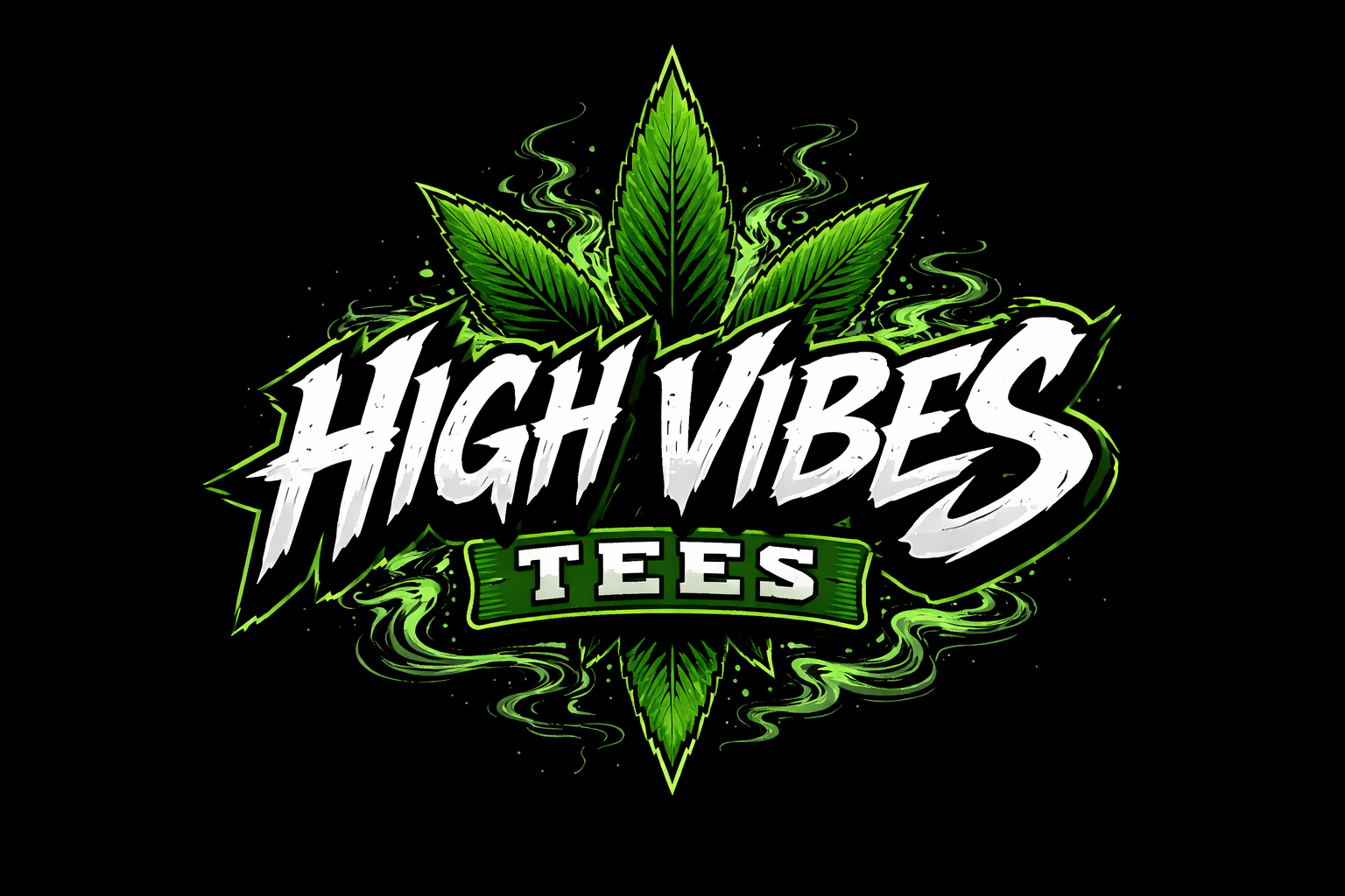 Stylized logo with green cannabis leaves and bold white text saying 'High Vibes Tees' on a black background.