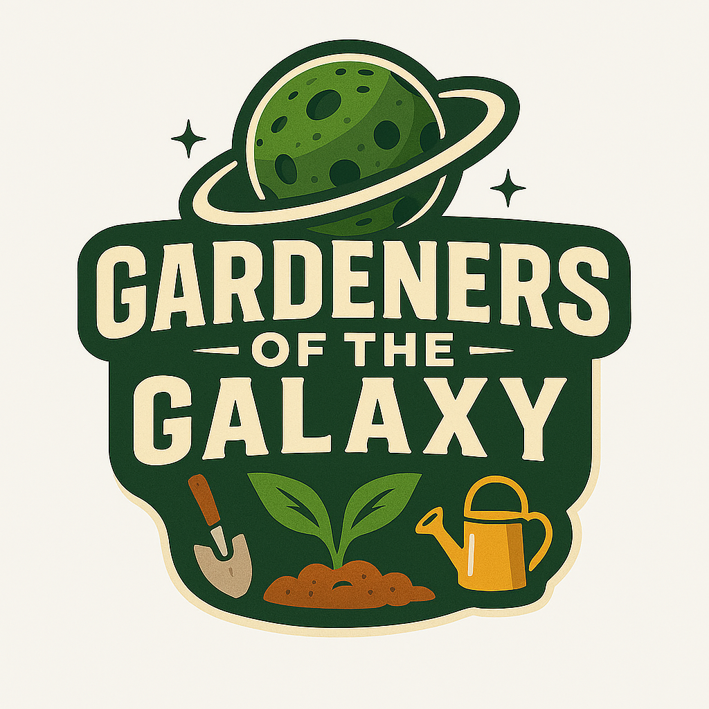 Logo for Gardeners of the Galaxy featuring a green planet with rings, gardening tools, a plant, and stars.