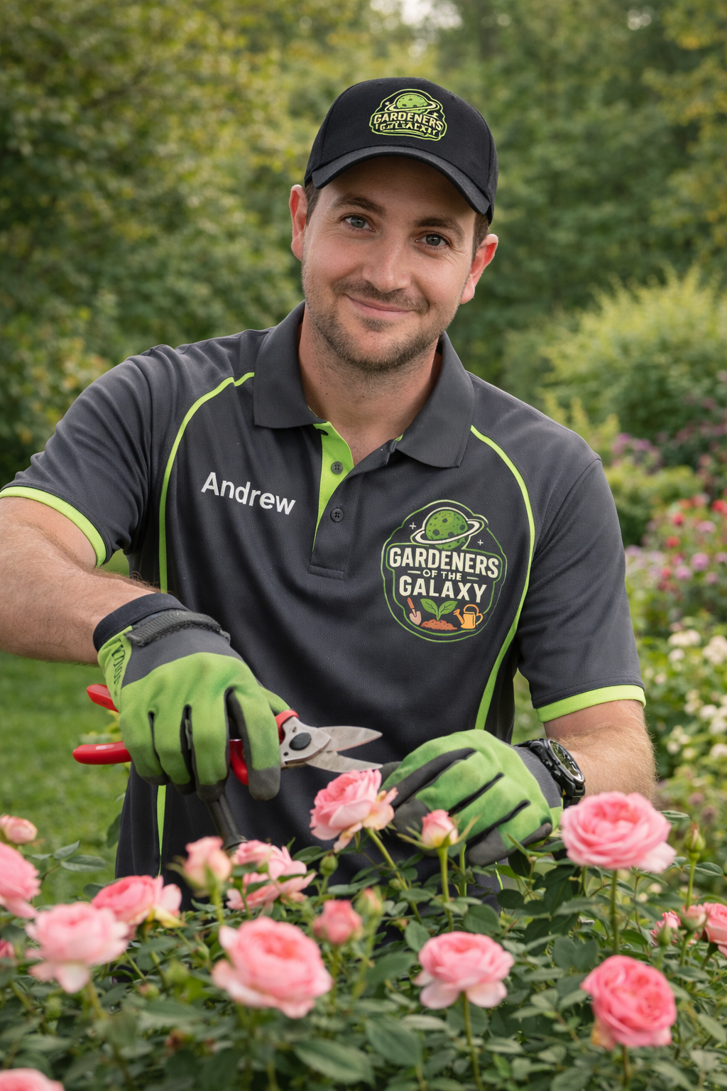 A man in a gardening uniform with the name 'Andrew' is smiling while trimming pink roses with pruning shears in a garden. He is wearing a black cap and gloves, and the logo on his shirt reads 'Gardeners of the Galaxy'.