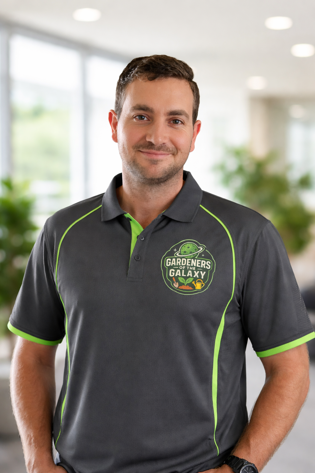 A man smiling and posing indoors wearing a black and green polo shirt with the logo 'Gardeners of the Galaxy'.