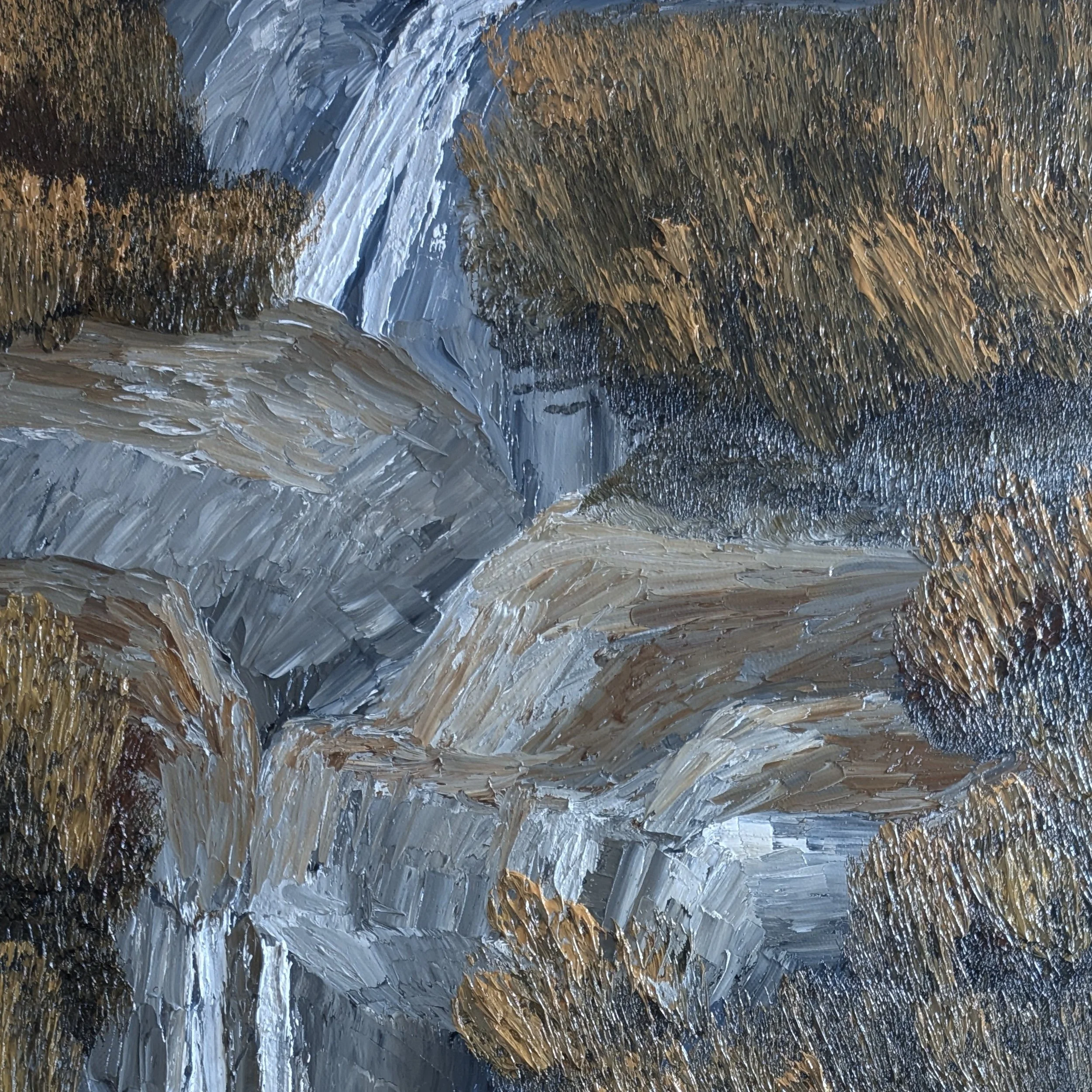 Abstract painting of a waterfall cascading over rocks, with trees in the background, using thick brushstrokes in shades of gray, brown, and black.