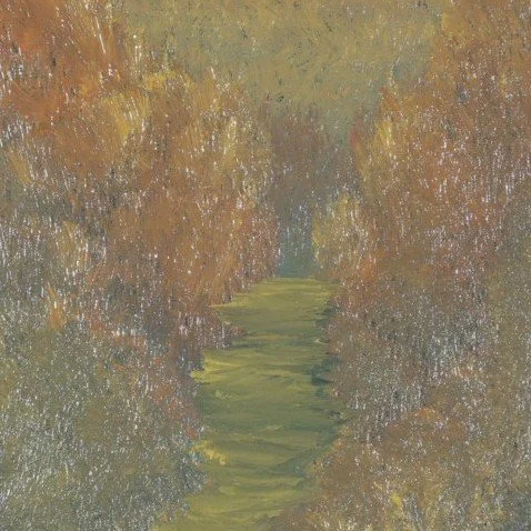 Close-up of textured autumn foliage and green-gold stream in The Amber Hollow