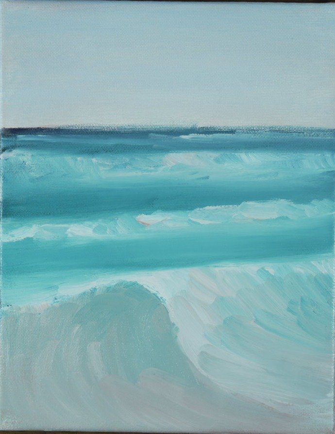 Curling teal wave breaking toward the viewer under a pale sky, left panel of a Jersey Shore triptych