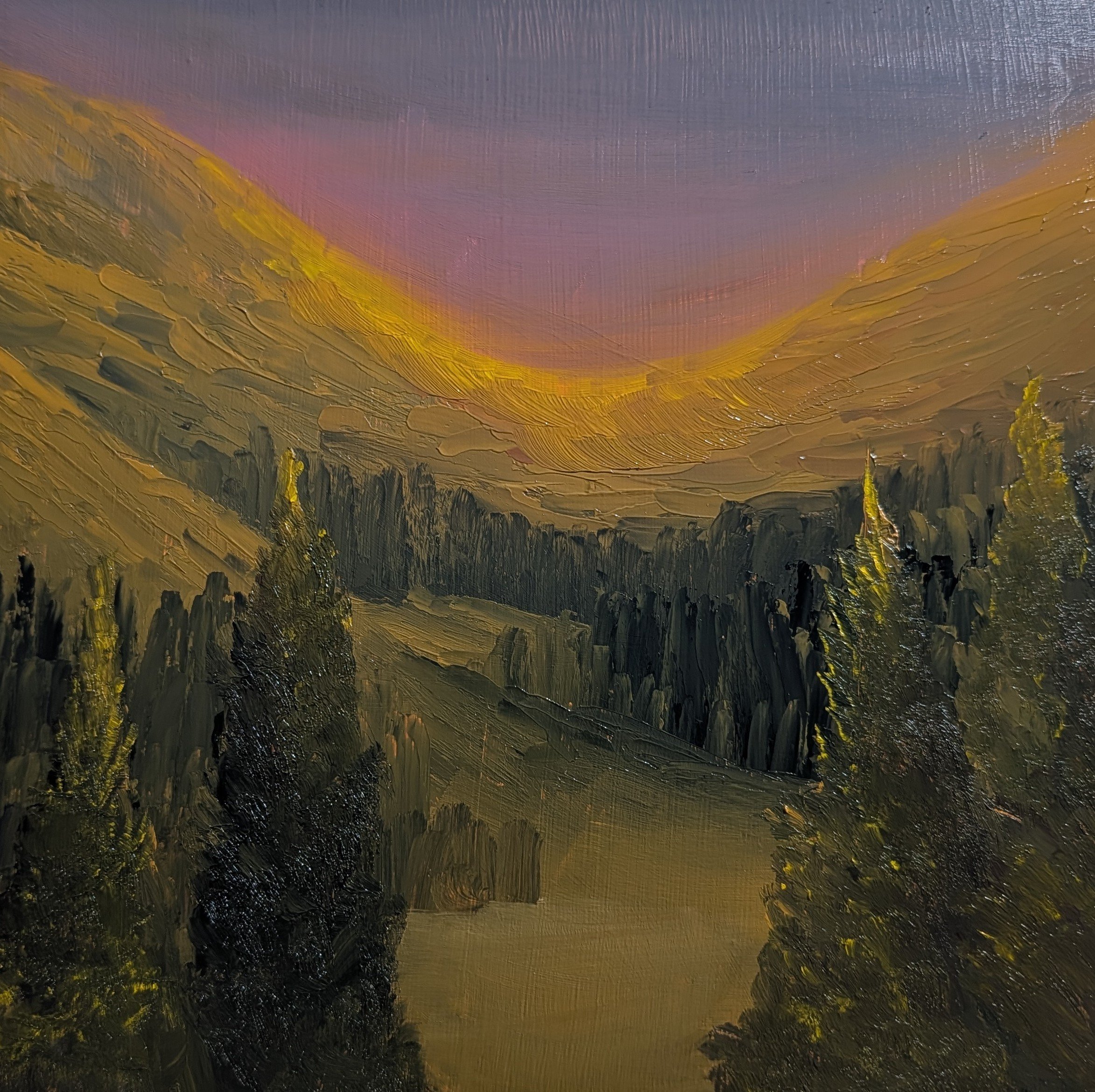 A landscape painting of a valley with tall dark green trees in the foreground, rolling hills in shades of yellow and green, and a pink and purple sky at sunset or dawn.