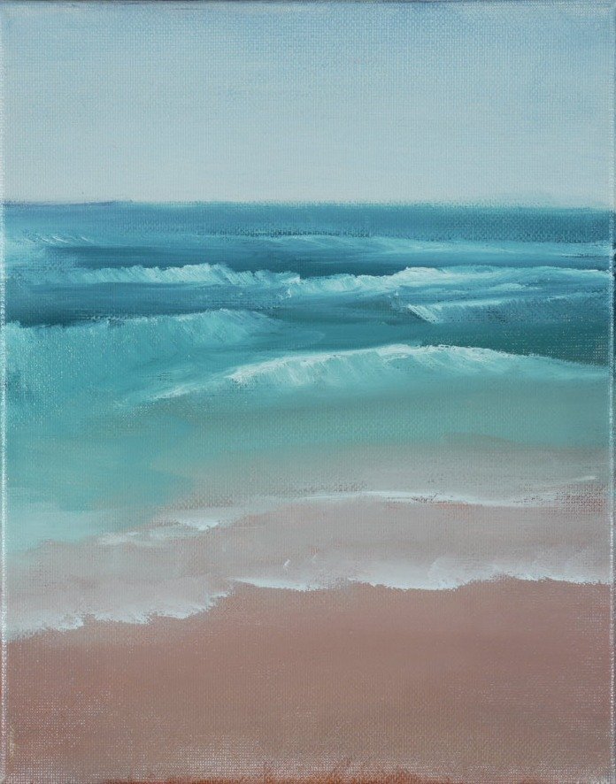 Calm surf sliding up soft pink sand at Spring Lake, right panel of a Jersey Shore triptych