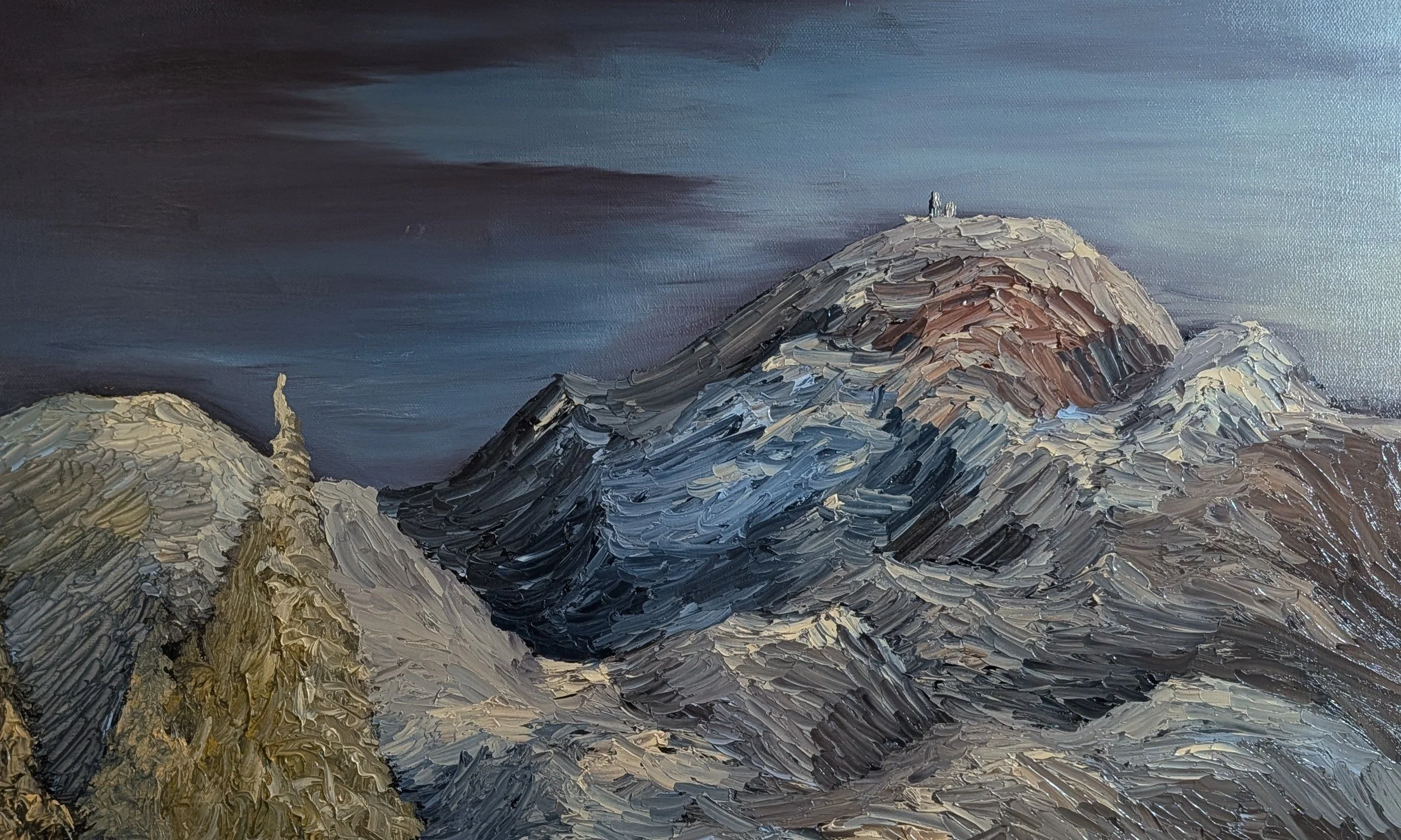 A textured oil painting of a mountain range with several peaks, using thick brushstrokes in shades of white, tan, brown, black, and blue, with a dark, moody sky overhead.