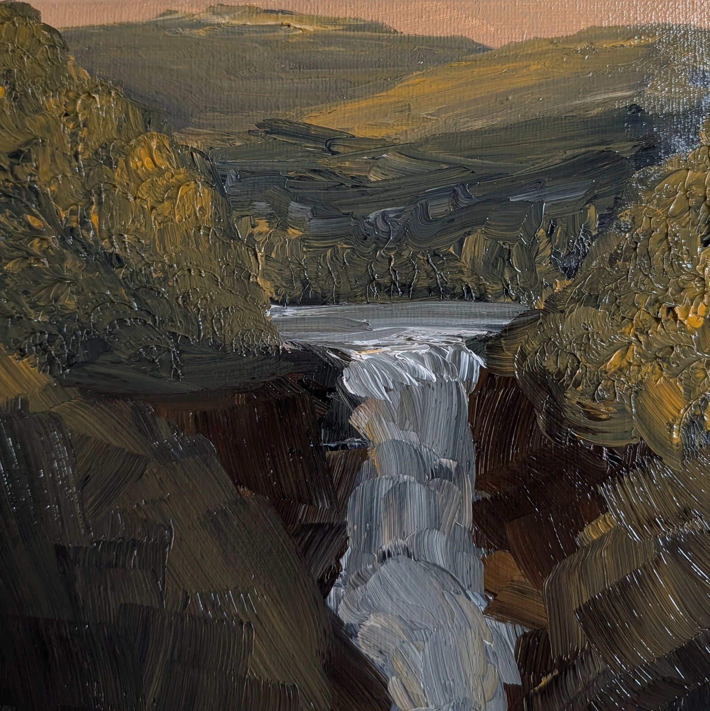 Oil painting of a waterfall flowing through a rocky canyon with lush green trees on either side and a cloudy sky above.