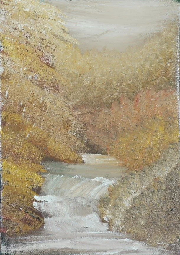 Small oil painting of a stepped white waterfall framed by golden autumn banks in a misty gorge