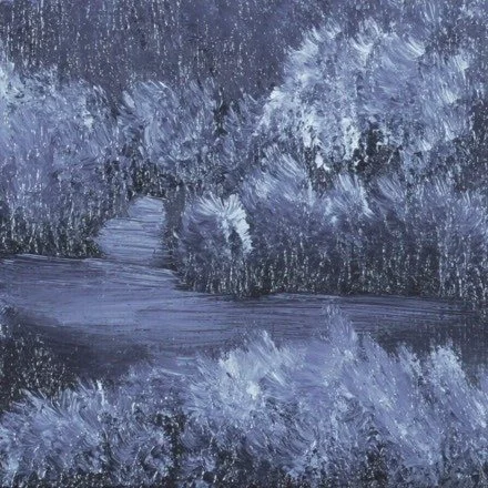 Close-up of thick lavender impasto foliage beside a winding violet path