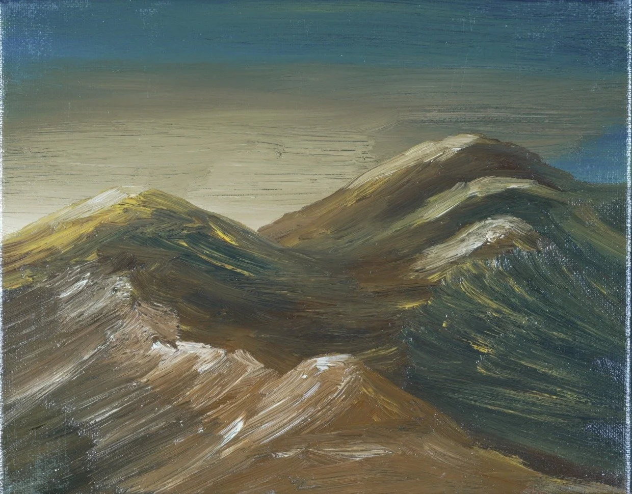 Oil painting of the Presidential Range with gold light on the summit, pale rime on brown ridges and a blue to sand sky