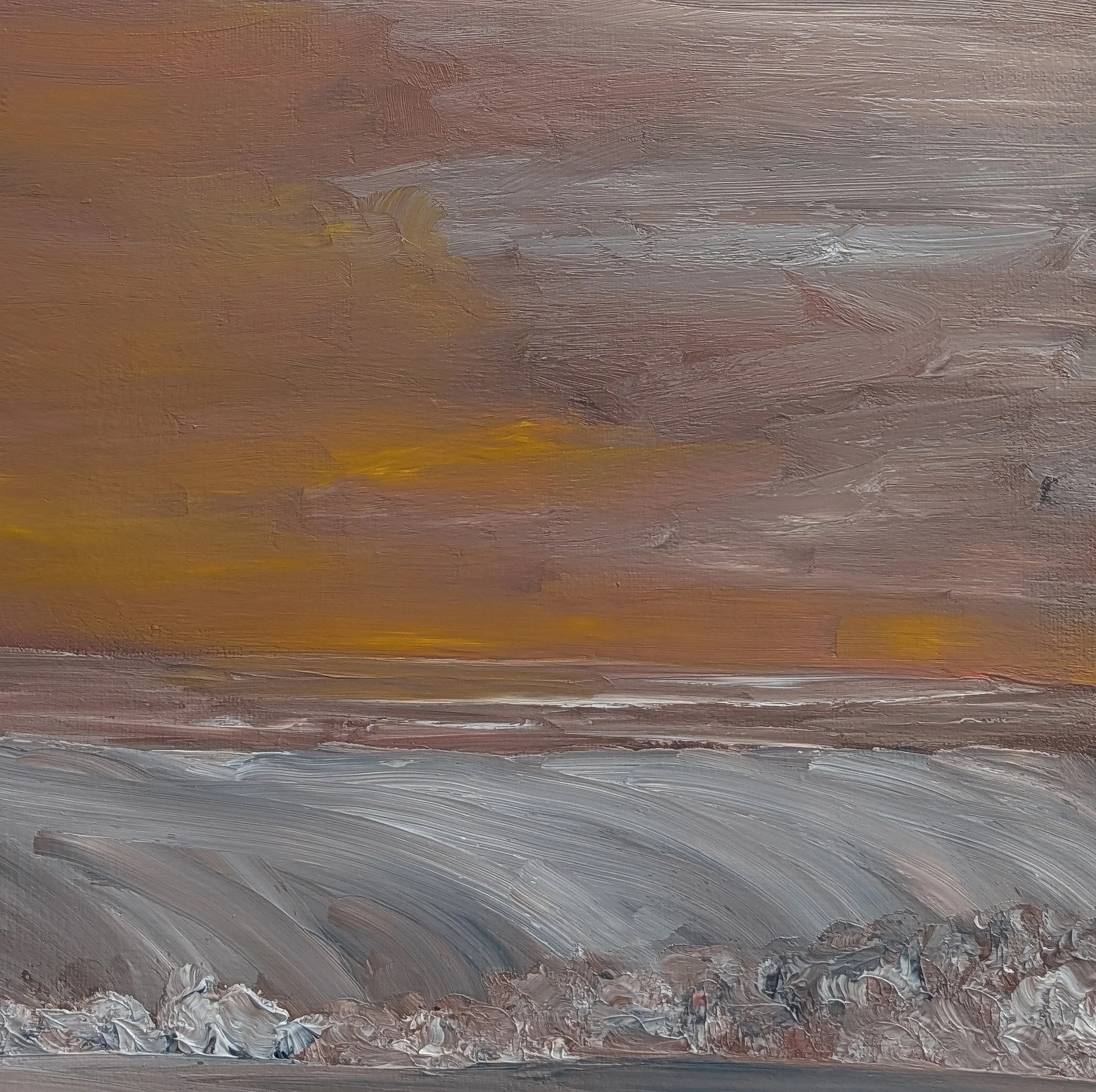 An abstract landscape painting of a sunset over the ocean, with a cloudy sky in shades of purple, pink, and gray, and rough textured waves in white, gray, and brown.