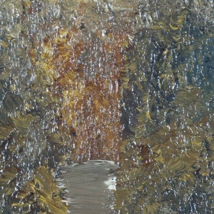 Close-up of thick impasto texture in gold, rust and slate-blue foliage around a pale forest path