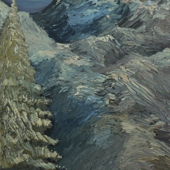 Detail of spruce and snow-dusted blue ridges in palette knife impasto