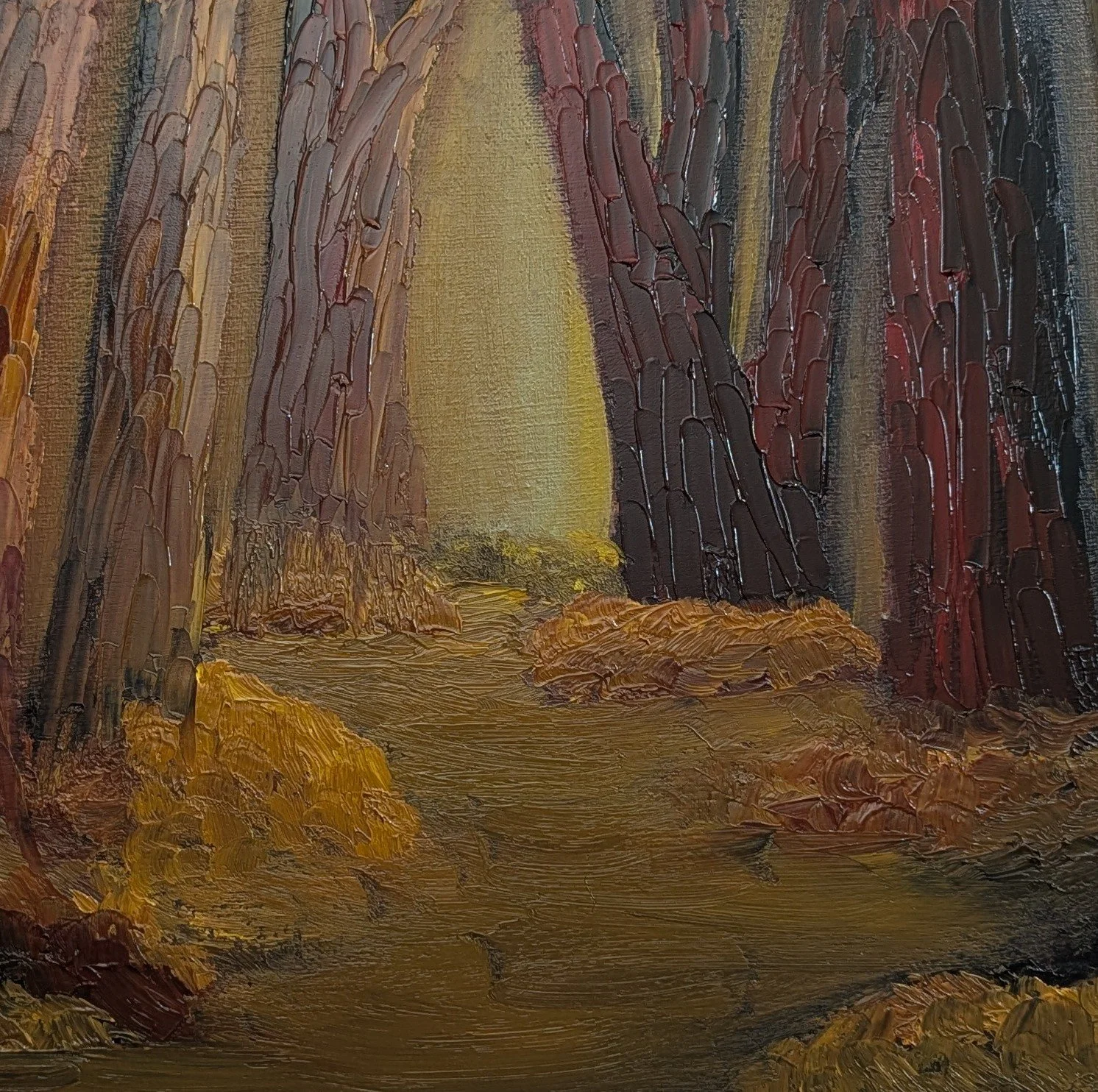 A landscape painting depicting a forest with tall, textured trees and a narrow path leading into the distance, using earthy tones of brown, yellow, and dark red.