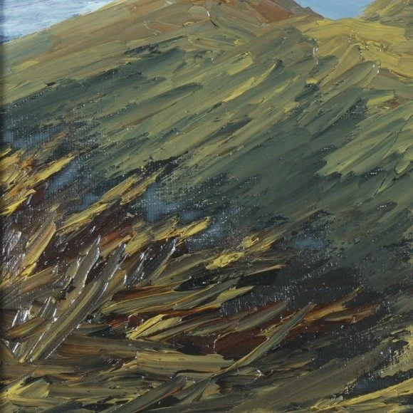 Close-up of sweeping palette knife strokes in gold and umber in Autumn Gold on the Presidentials