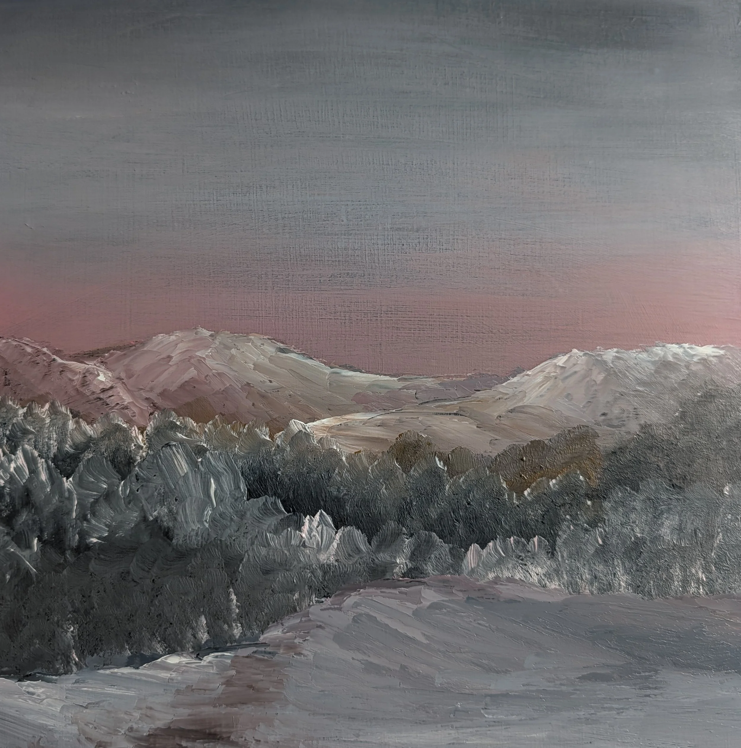 Oil painting of snow-covered mountains and trees under a pink and gray sky.