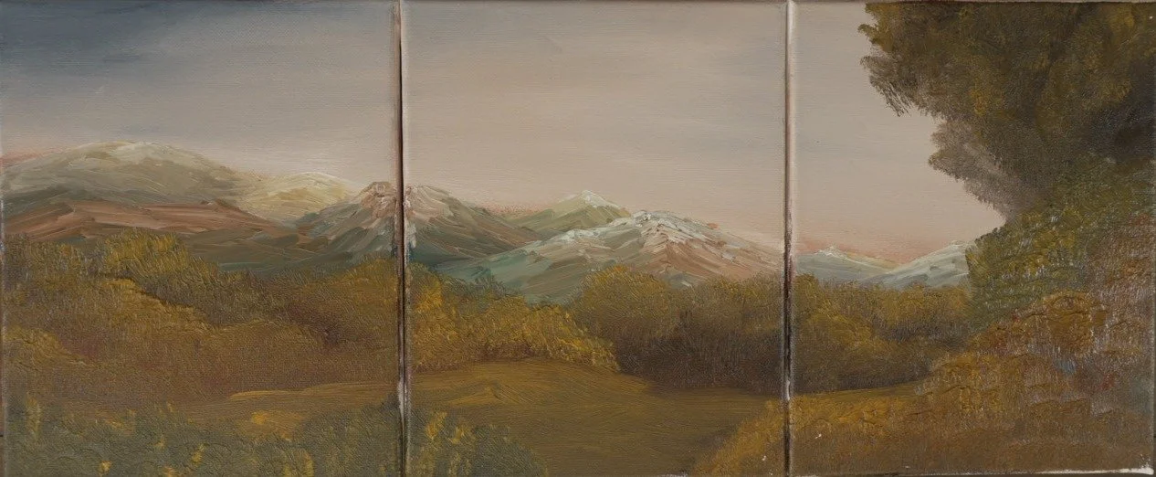 Three-panel oil painting of an autumn meadow and golden foliage below snow-dusted teal mountains, framed by a tall tree on the right