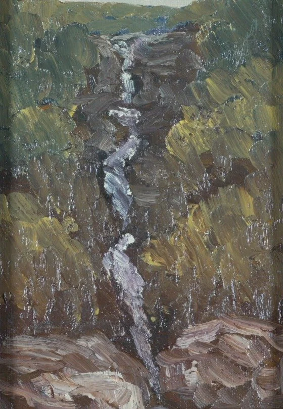 Original impasto oil painting of Gibbs Falls cascading through an olive and gold ravine onto pink-brown boulders