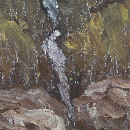 Close-up of thick oil paint on the white falling water and the rounded boulders at the base of Gibbs Falls