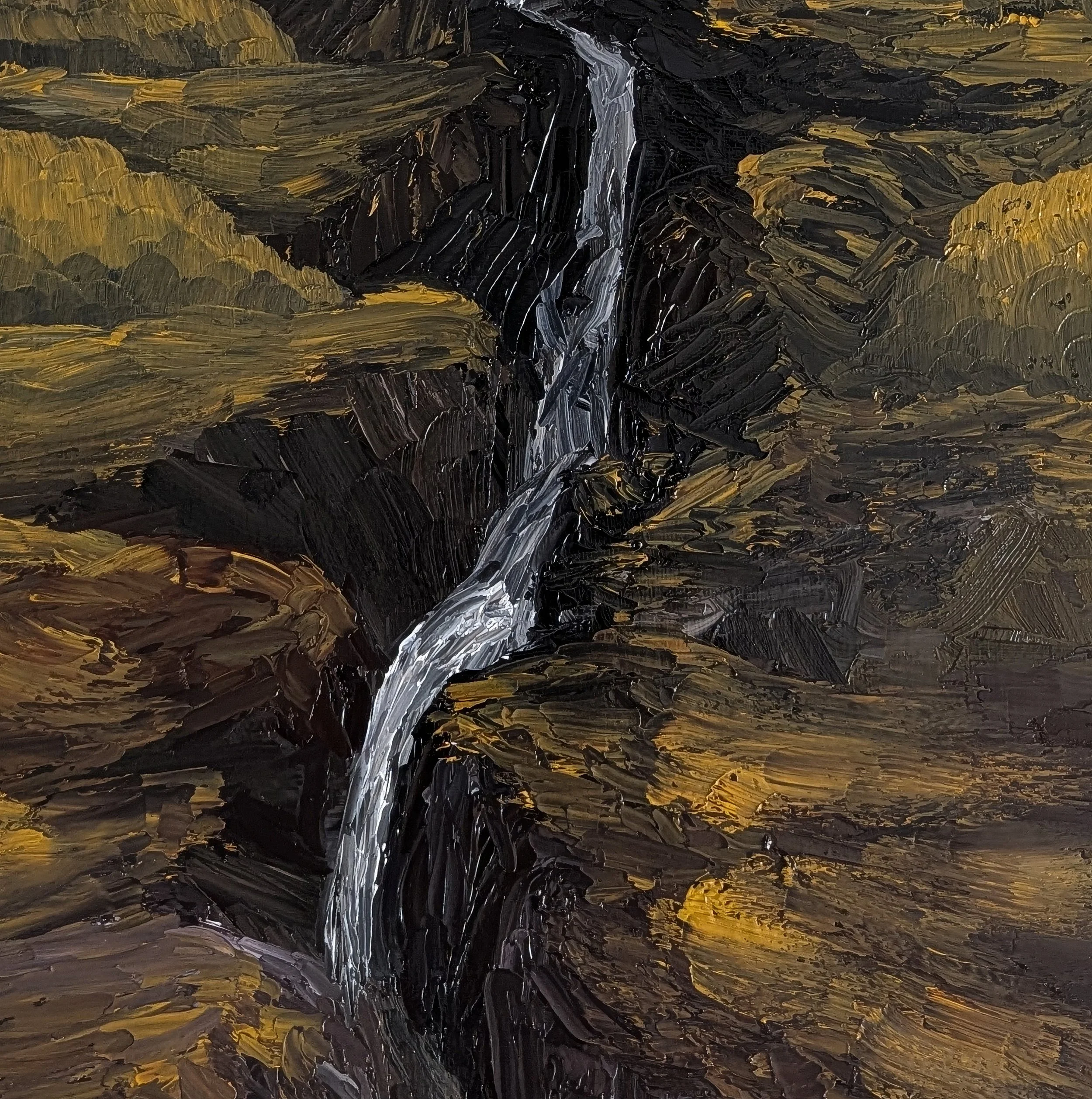 Abstract painting of a waterfall flowing between rocky, earthy-toned cliffs with dark shadows and golden highlights.
