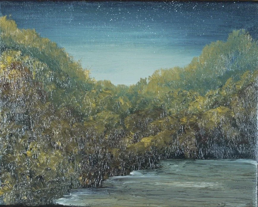 Oil painting of a river bending through dense olive and gold woods under a starry navy sky fading to teal