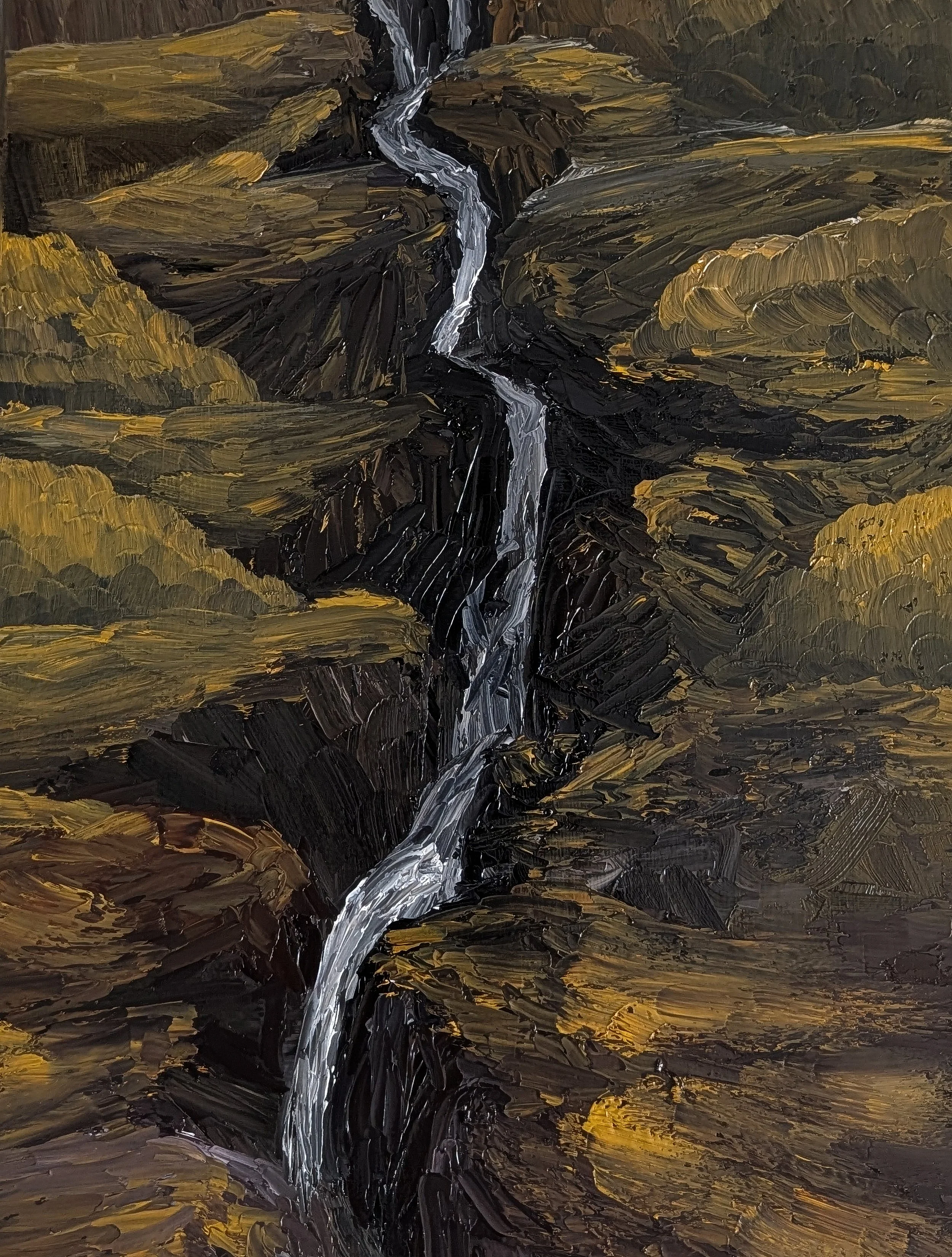 An impressionistic painting of a black and yellow landscape with a winding river running through rocky terrain.