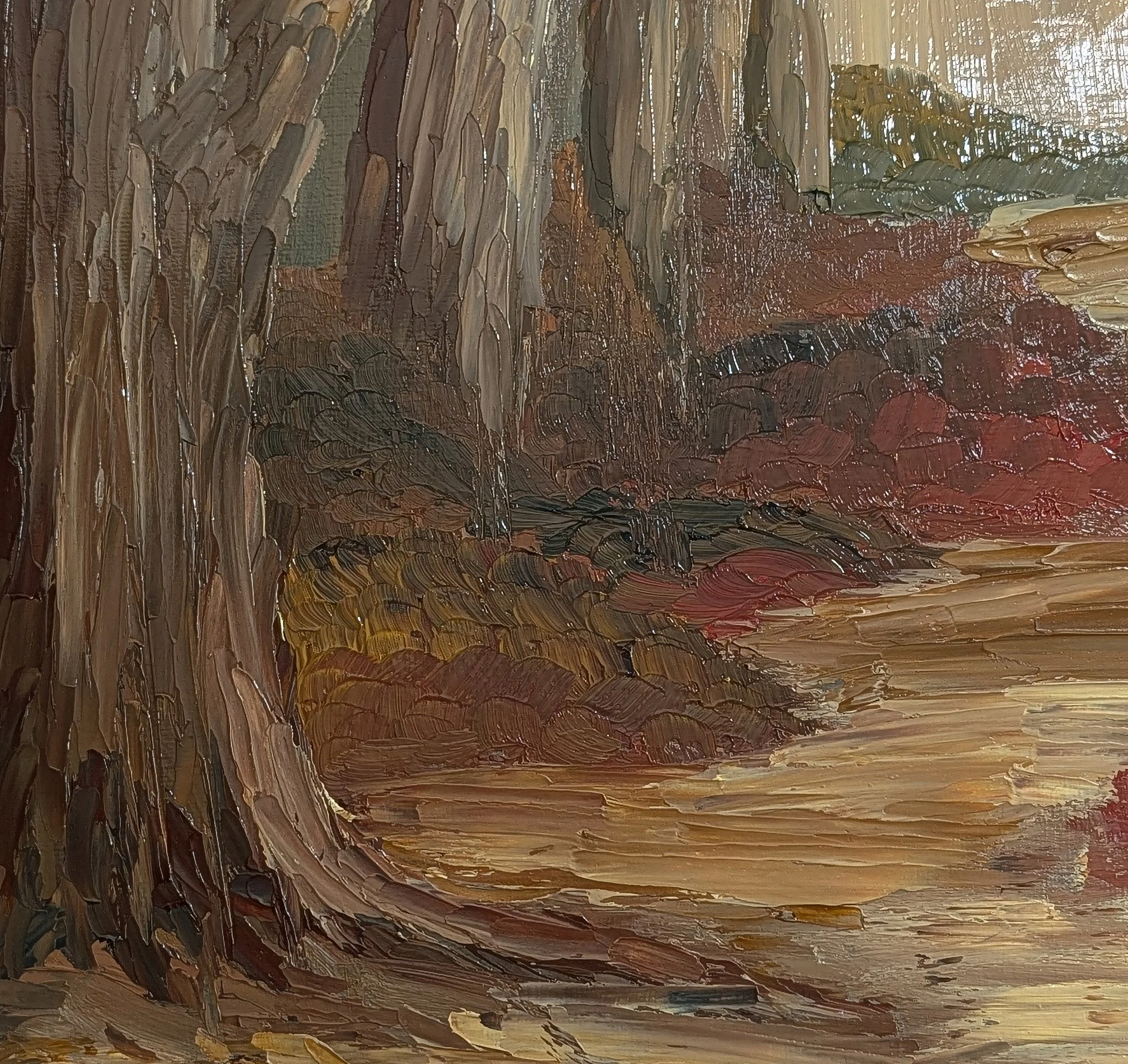 Oil painting of a forest scene with a large tree trunk on the left, dense foliage in shades of brown, red, and green, and a pathway leading into the distance.