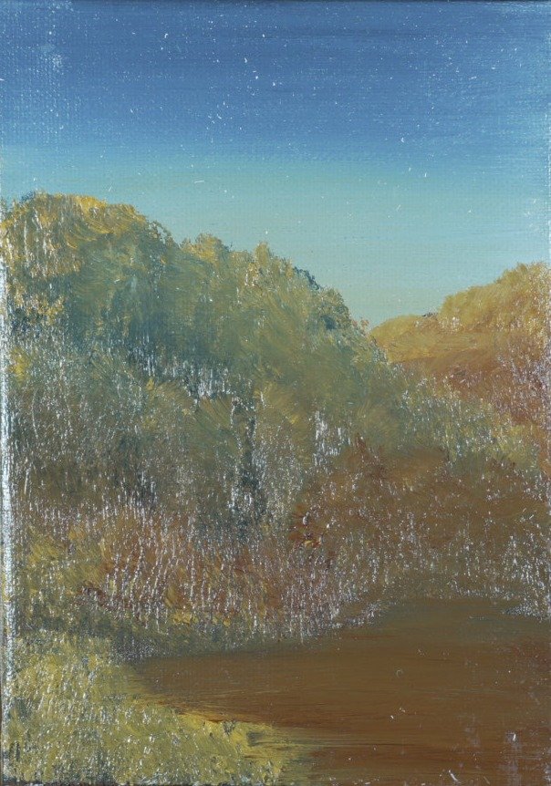 Small oil painting of a navy to teal twilight sky with faint stars above a dense thicket of sage, rust and amber trees