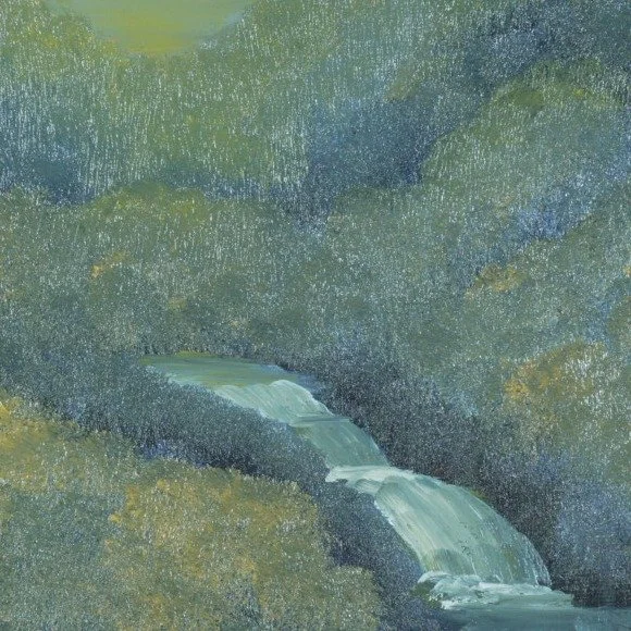 Close-up of shimmering impasto trees and cascade in Where the Valley Wakes