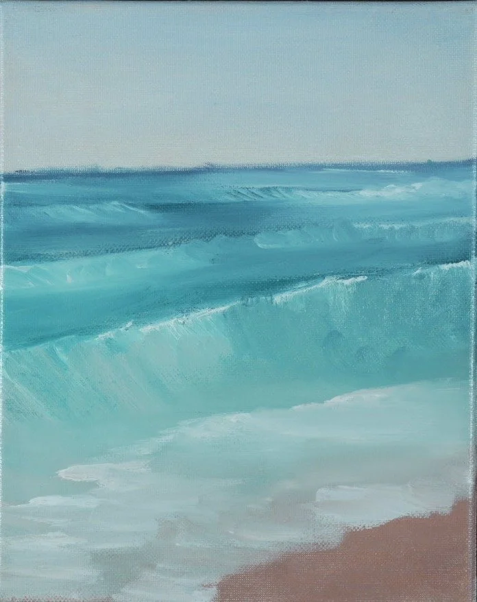 Long wave rolling onto the shore with foam and pink sand, center panel of a Jersey Shore triptych