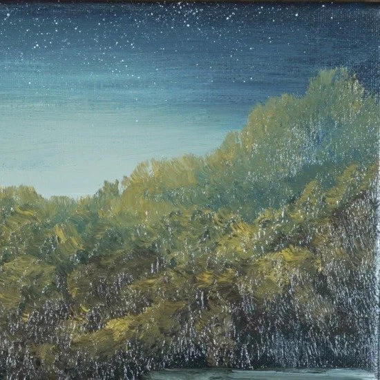 Close-up of textured impasto treetops in olive and gold against a starry teal and navy night sky
