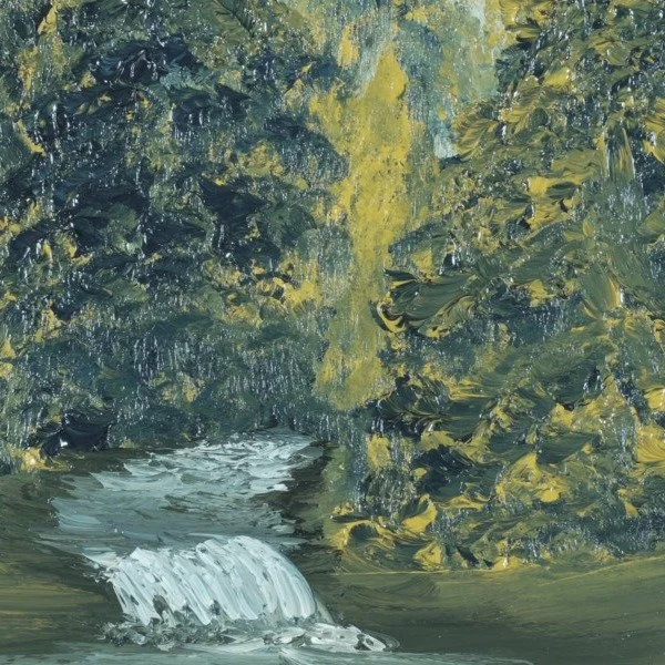Close-up of thick impasto trees and white cascade in The Hidden Cascade