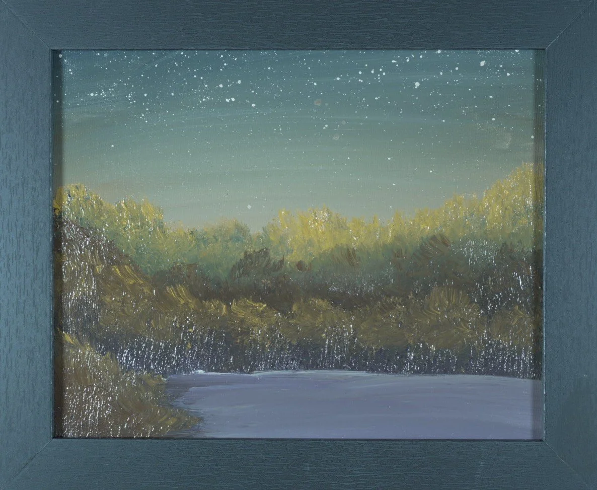 First Stars Over the Cove, original oil painting of a lake at dusk under a starry teal sky