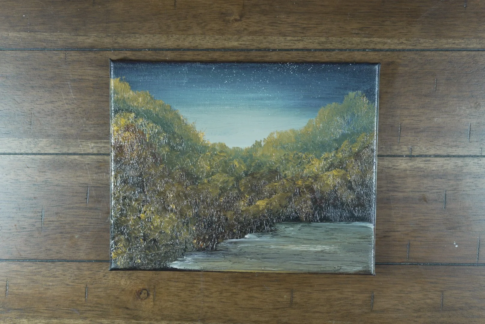 Unframed 10x8 canvas of a starry night over a river valley, shown on a wood floor