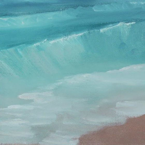 Close-up of a teal wave breaking into white foam on pink sand, oil paint on canvas