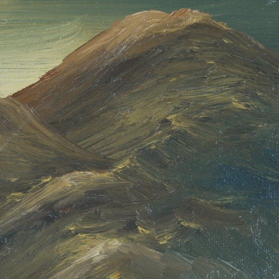 Close-up of palette knife strokes on a mountain ridge, umber and olive paint with ochre highlights