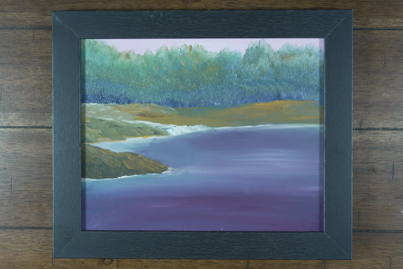 Close-up of textured teal treeline and white spillway in The Quiet Spillway