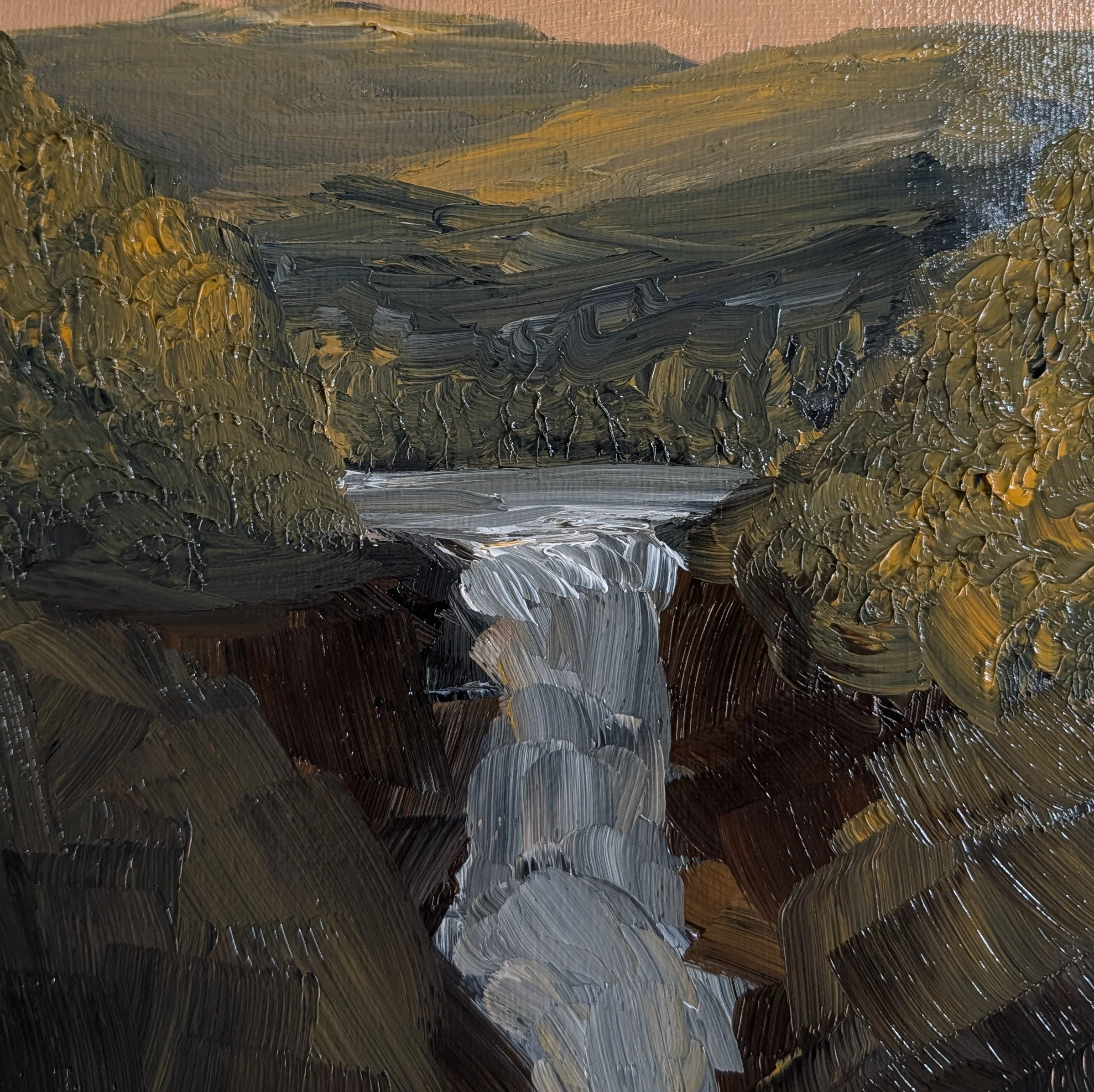 A landscape painting of a waterfall flowing into a river surrounded by trees and mountains, with a cloudy sky.