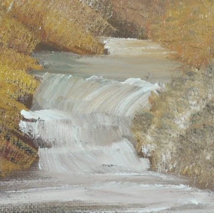 Close-up of a stepped white cascade between gold and ochre banks, oil paint on canvas