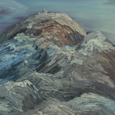 Close-up of Mount Washington’s summit and observatory in thick palette knife strokes