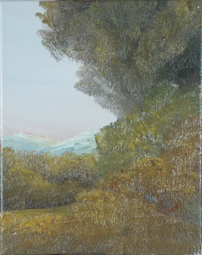 Tall dark tree framing distant mountains and autumn brush under a pink sky, right panel of a mountain triptych