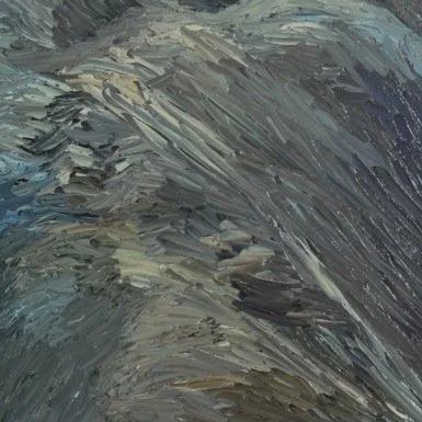 Close-up of sculptural palette knife texture on a snowy mountain ridge